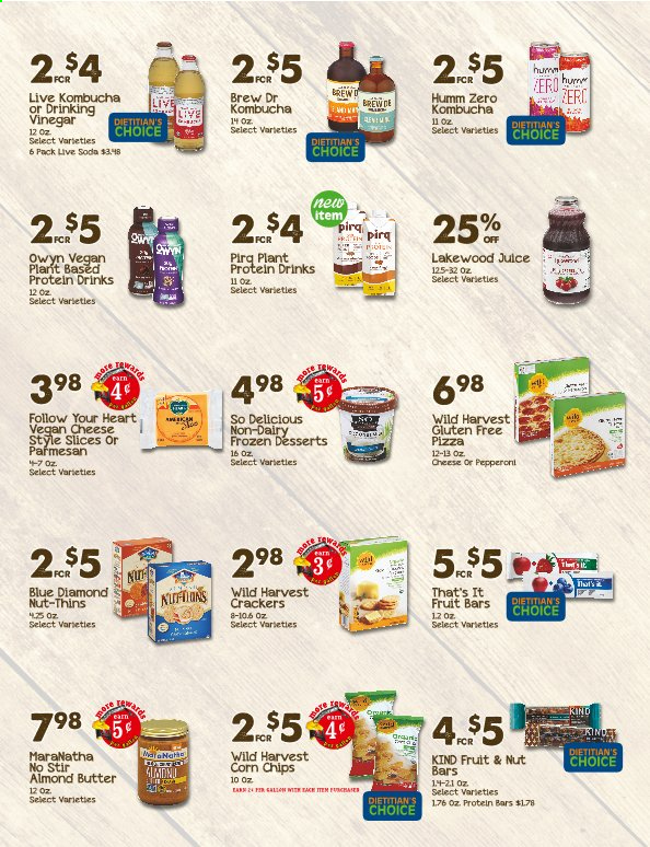 thumbnail - Cash Wise Flyer - 03/31/2021 - 04/27/2021 - Sales products - pizza, Wild Harvest, protein drink, almond butter, crackers, Thins, corn chips, plant protein, nut bar, Blue Diamond, soda, kombucha. Page 2.