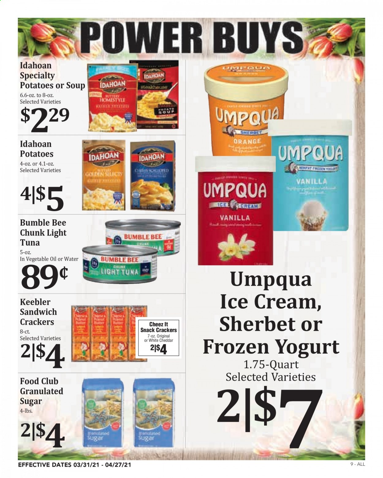 thumbnail - Rosauers Flyer - 03/31/2021 - 04/27/2021 - Sales products - oranges, tuna, soup, Bumble Bee, ice cream, sherbet, snack, crackers, Keebler, granulated sugar, sugar, light tuna, oil, dried dates. Page 9.