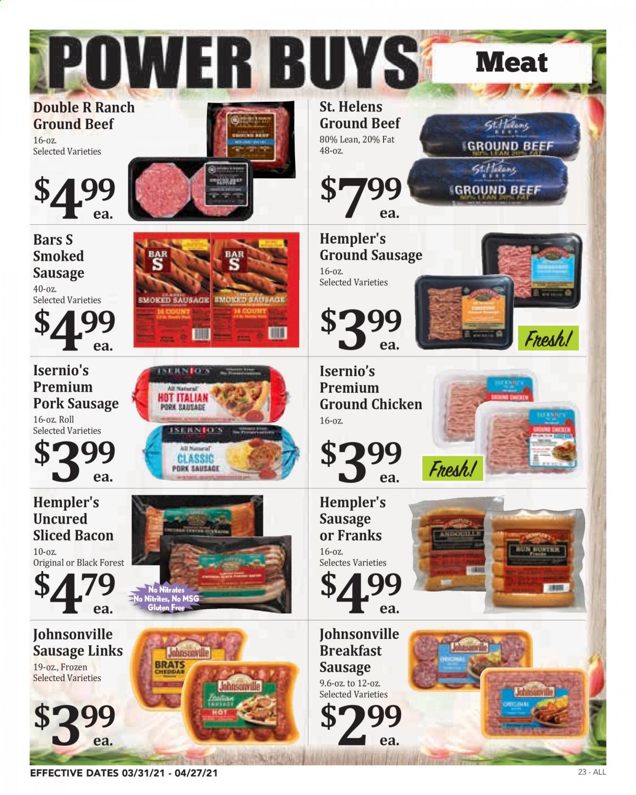 thumbnail - Rosauers Flyer - 03/31/2021 - 04/27/2021 - Sales products - Johnsonville, bacon, sausage, pork sausage, dried dates, ground chicken, beef meat, ground beef. Page 23.