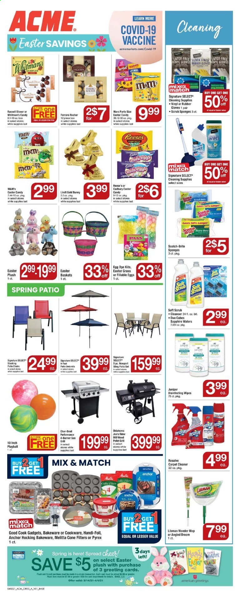 thumbnail - ACME Flyer - 04/02/2021 - 04/08/2021 - Sales products - eggs, Reese's, Lindt, Ferrero Rocher, Mars, M&M's, Cadbury, wipes, cleaner, cleanser, Brite, basket, sponge, mop, broom, cookware set, bakeware, Pyrex, easter basket, gloves, plush toy. Page 4.