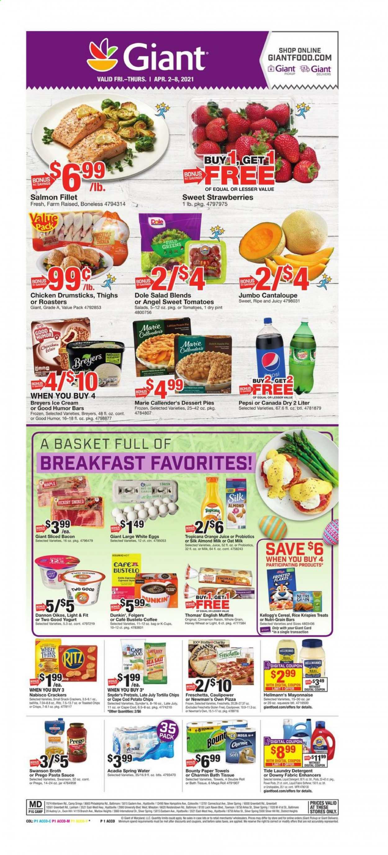 thumbnail - Giant Food Flyer - 04/02/2021 - 04/08/2021 - Sales products - Dole, pretzels, muffin, tomatoes, cod, salmon, salmon fillet, english muffins, pizza, salad, sauce, Marie Callender's, bacon, Philadelphia, yoghurt, Oikos, Dannon, almond milk, oat milk, eggs, mayonnaise, Hellmann’s, ice cream, strawberries, cantaloupe, chocolate, Bounty, crackers, Kellogg's, Nutri-Grain bars, RITZ, tortilla chips, potato chips, snack, Thins, sea salt, broth, cereals, Rice Krispies, Frosted Flakes, belVita, Nutri-Grain, pasta sauce, raisins, Canada Dry, Pepsi, orange juice, juice, spring water, Acadia, coffee, Folgers, coffee capsules, K-Cups, chicken drumsticks, bath tissue, kitchen towels, paper towels, Charmin, detergent, Tide, Unstopables, laundry detergent, liquid detergent, basket, probiotics. Page 1.