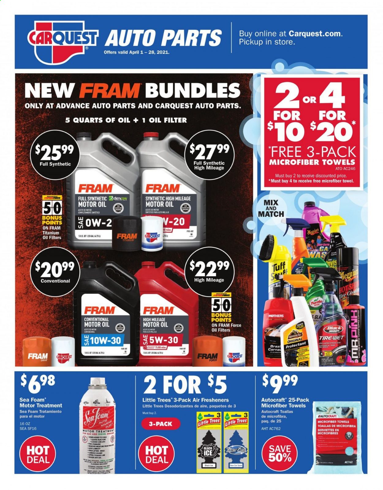 thumbnail - Carquest Flyer - 04/01/2021 - 04/28/2021 - Sales products - oil filter, microfiber towel, air freshener, cleaner, motor oil. Page 1.