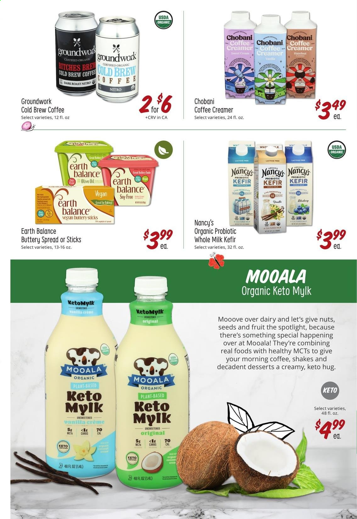 thumbnail - Sprouts Flyer - 03/31/2021 - 04/27/2021 - Sales products - Chobani, milk, shake, kefir, buttery spread, creamer, coffee and tea creamer, olive oil, probiotics. Page 18.