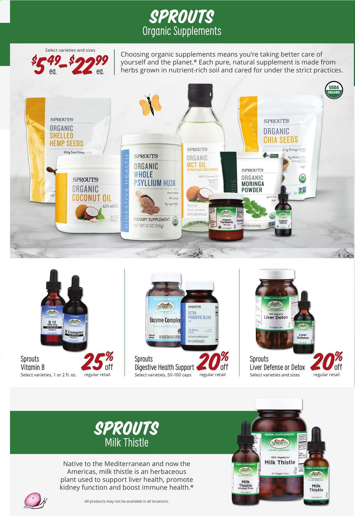 thumbnail - Sprouts Flyer - 03/31/2021 - 04/27/2021 - Sales products - milk, Digestive, stevia, turmeric, chia seeds, herbs, coconut oil, Boost, BETA, cap, Omega-3, Moringa, dietary supplement. Page 28.