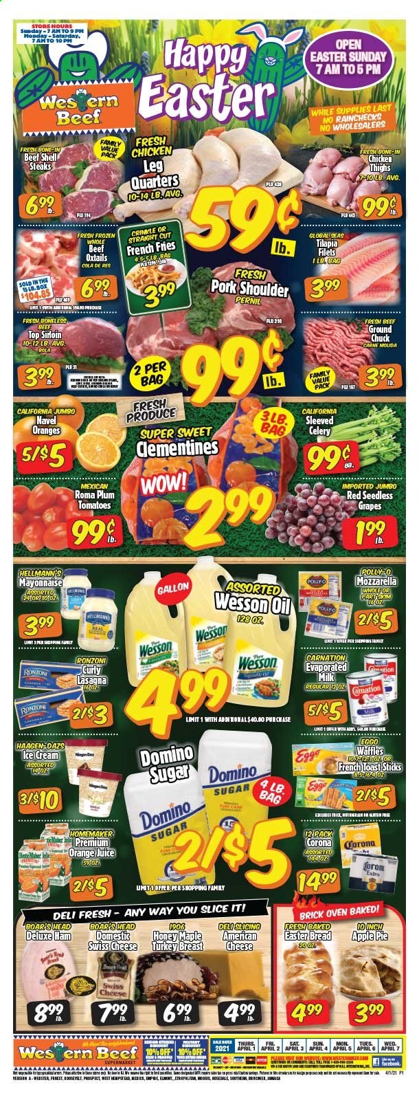 thumbnail - Western Beef Flyer - 04/01/2021 - 04/07/2021 - Sales products - celery, seedless grapes, bread, toast bread, apple pie, pie, waffles, tomatoes, turkey breast, chicken thighs, steak, sirloin steak, pork meat, pork shoulder, tilapia, lasagna meal, ham, american cheese, mozzarella, swiss cheese, cheese, evaporated milk, mayonnaise, Hellmann’s, Häagen-Dazs, potato fries, french fries, sugar, oil, honey, orange juice, juice, beer, Corona Extra, grapes, navel oranges. Page 1.