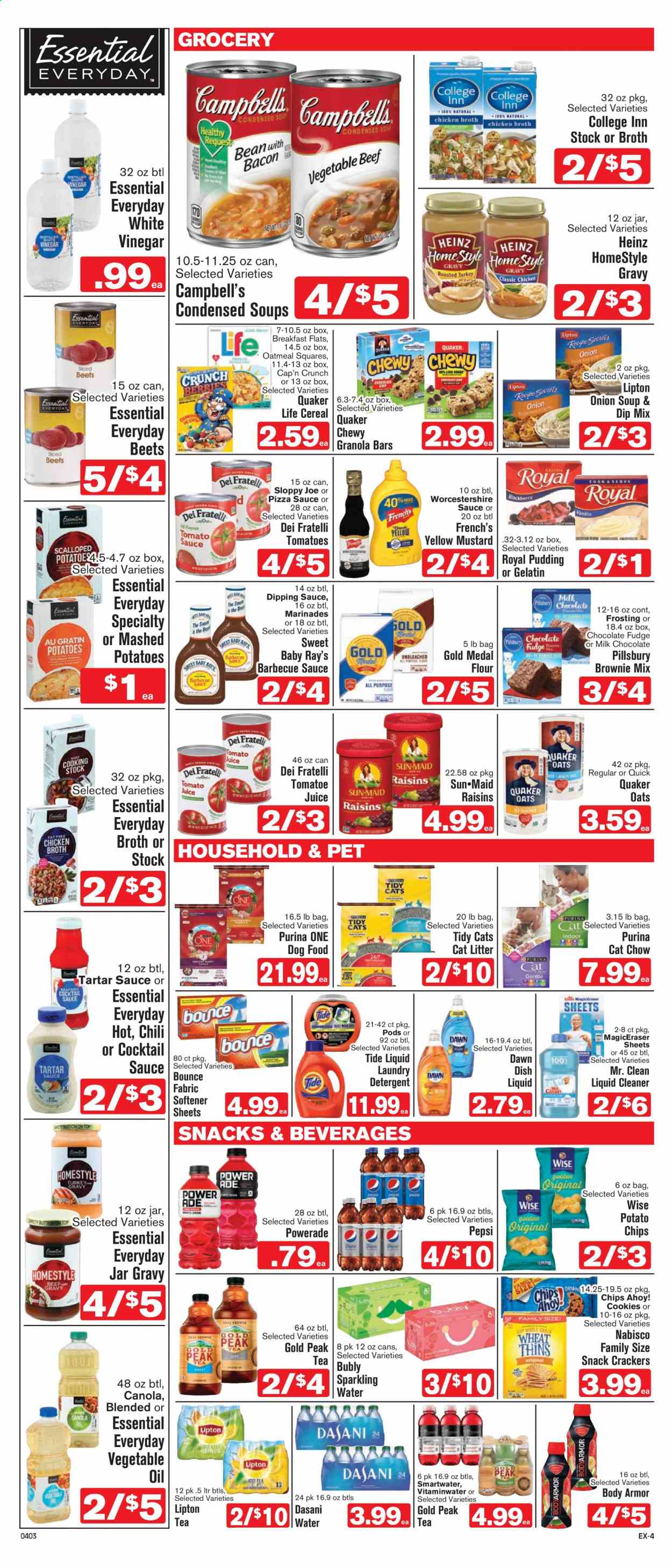thumbnail - Shop ‘n Save Express Flyer - 04/03/2021 - 04/09/2021 - Sales products - brownie mix, tomatoes, Campbell's, mashed potatoes, pizza, onion soup, soup, Pillsbury, Quaker, pudding, tartar sauce, dip, cookies, fudge, milk chocolate, chocolate, crackers, Chips Ahoy!, potato chips, chips, snack, flour, frosting, oatmeal, oats, broth, Heinz, cereals, granola bar, Cap'n Crunch, BBQ sauce, cocktail sauce, mustard, worcestershire sauce, homestyle gravy, vegetable oil, raisins, Powerade, Pepsi, juice, Lipton, Gold Peak Tea, tea, detergent, cleaner, liquid cleaner, Tide, fabric softener, laundry detergent, Bounce, dishwashing liquid, animal food, dog food, Purina, gelatin. Page 4.