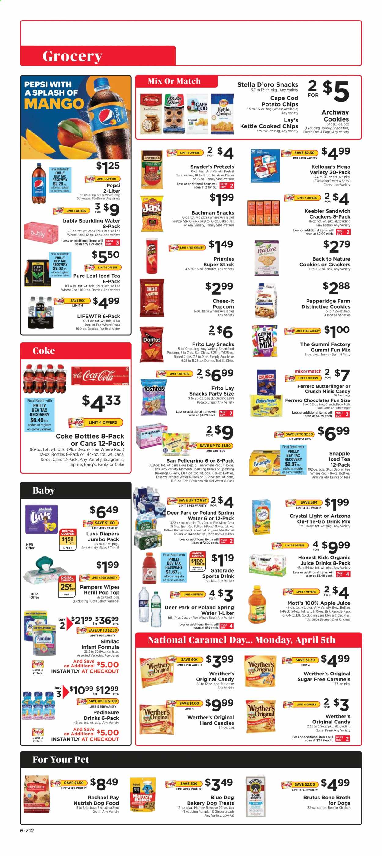 thumbnail - ShopRite Flyer - 04/04/2021 - 04/10/2021 - Sales products - pretzels, gingerbread, cod, cookies, Paw Patrol, chocolate, Ferrero Rocher, crackers, Kellogg's, Keebler, Doritos, tortilla chips, potato chips, Pringles, chips, snack, Lay’s, Smartfood, popcorn, Cheez-It, broth, caramel, apple juice, Coca-Cola, Mountain Dew, Schweppes, Sprite, Pepsi, juice, Fanta, AriZona, Snapple, Mott's, Gatorade, mineral water, spring water, sparkling water, purified water, Lifewtr, Pure Leaf, apple cider, Similac, Pampers, wipes, animal food, dog food, Nutrish, pumpkin. Page 6.