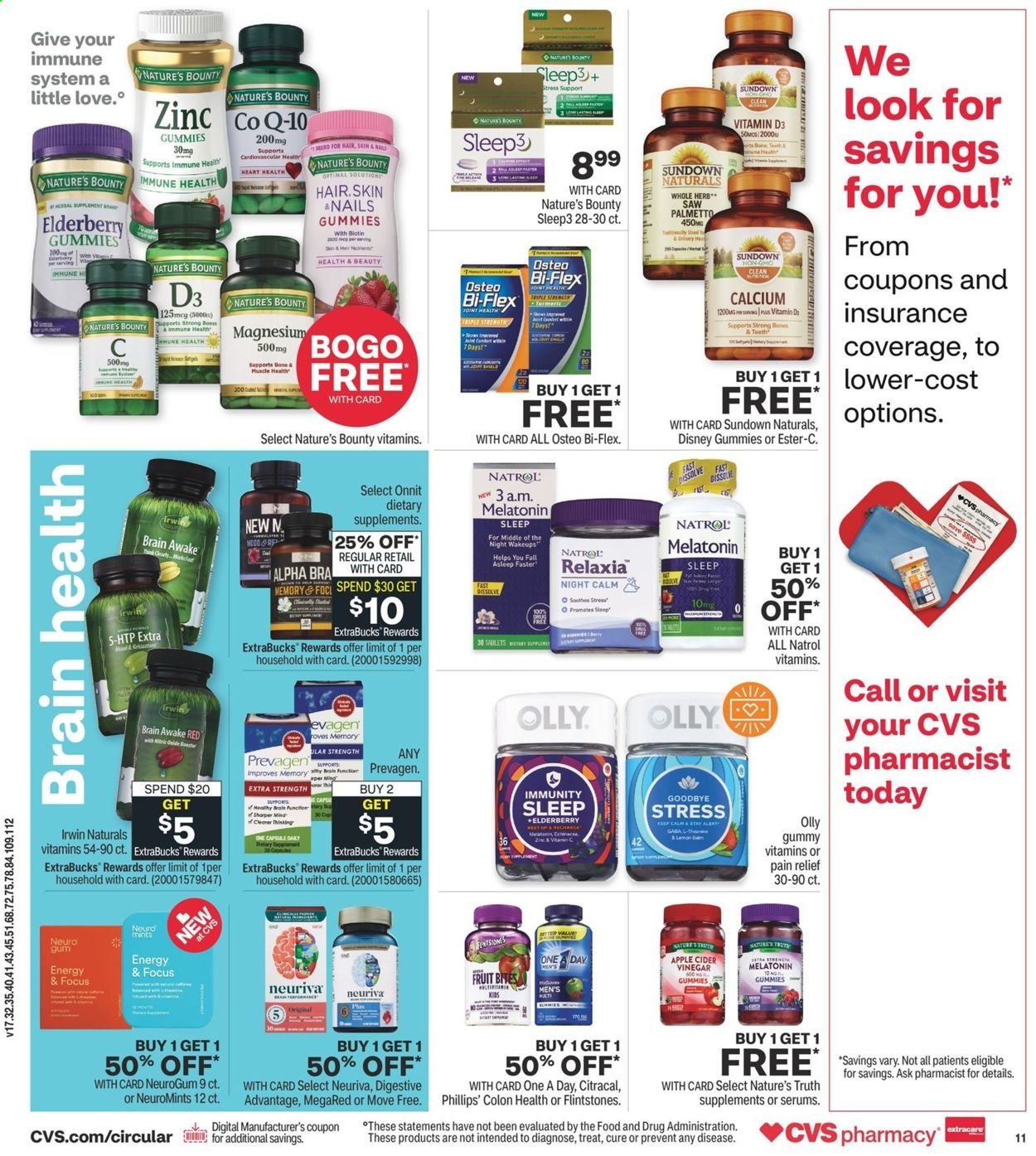 thumbnail - CVS Pharmacy Flyer - 04/04/2021 - 04/10/2021 - Sales products - Bounty, Digestive, Disney, pain relief, apple cider vinegar, calcium, Ester-c, magnesium, MegaRed, Move Free, Natrol, Nature's Bounty, Nature's Truth, Sundown Naturals, Osteo bi-flex, Bi-Flex, zinc, vitamin D3, dietary supplement. Page 17.
