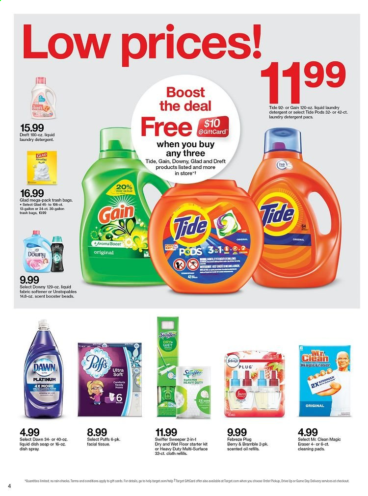 thumbnail - Target Flyer - 04/04/2021 - 04/10/2021 - Sales products - puffs, oil, Boost, tissues, detergent, Febreze, Gain, Swiffer, cleaning pad, Tide, Unstopables, fabric softener, laundry detergent, soap, trash bags, eraser, scented oil, bag. Page 4.