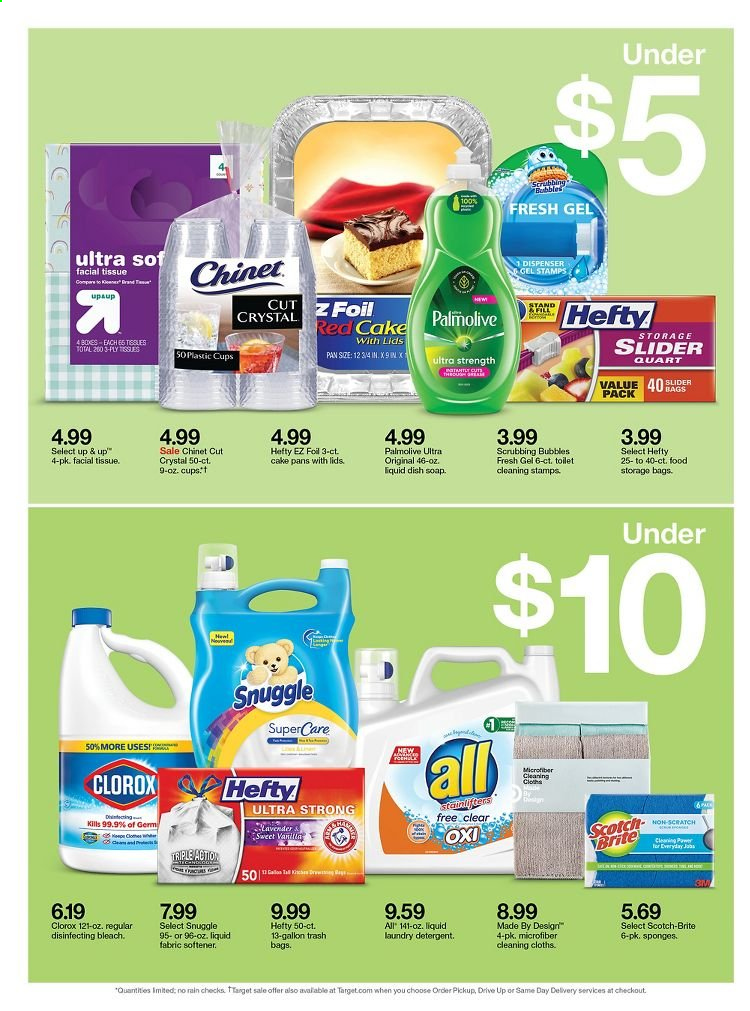 thumbnail - Target Flyer - 04/04/2021 - 04/10/2021 - Sales products - cake, tissues, detergent, Scrubbing Bubbles, Clorox, Snuggle, fabric softener, bleach, laundry detergent, Palmolive, soap, Brite, Hefty, trash bags, storage bag, dispenser, pan, cup, bag. Page 15.