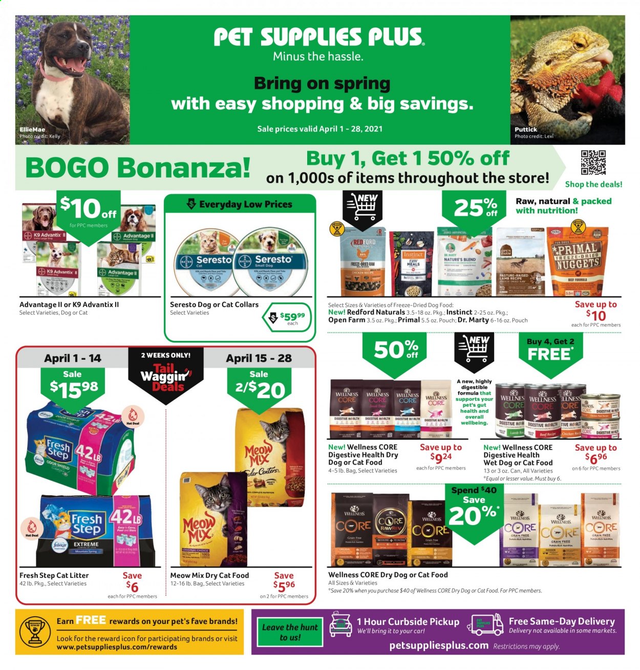 thumbnail - Pet Supplies Plus Flyer - 04/01/2021 - 04/28/2021 - Sales products - cat litter, animal food, cat food, dog food, Redford Naturals, dry cat food, Primal, Meow Mix, Fresh Step, Open Farm. Page 1.