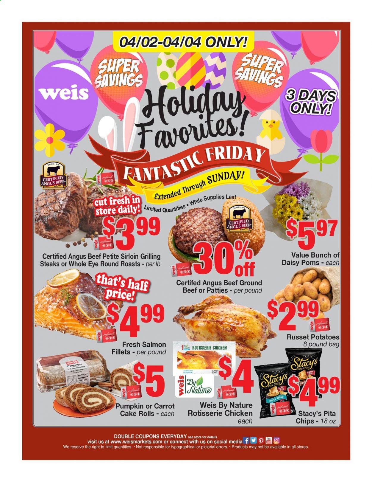 thumbnail - Weis Flyer - 04/02/2021 - 04/04/2021 - Sales products - cake, beef meat, ground beef, steak, salmon, chips, russet potatoes, pumpkin. Page 2.
