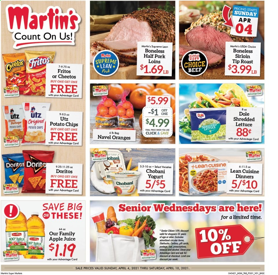 thumbnail - Martin’s Flyer - 04/04/2021 - 04/10/2021 - Sales products - Dole, oranges, Lean Cuisine, yoghurt, Chobani, lettuce, Doritos, potato chips, Cheetos, chips, Fritos, honey, apple juice, juice, Starbucks, alcohol, navel oranges. Page 1.