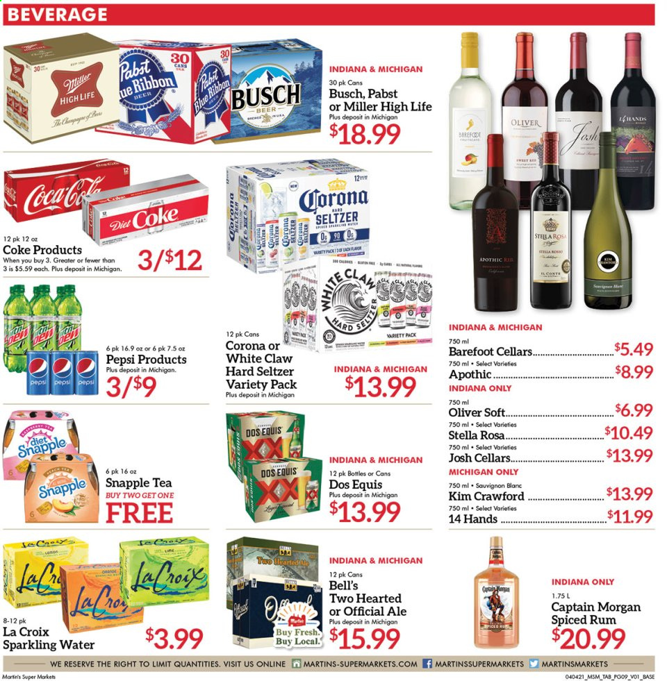 thumbnail - Martin’s Flyer - 04/04/2021 - 04/10/2021 - Sales products - Coca-Cola, Pepsi, Snapple, seltzer water, sparkling water, tea, Sauvignon Blanc, Captain Morgan, rum, spiced rum, White Claw, Hard Seltzer, beer, Dos Equis, Busch, Corona Extra, Miller. Page 9.