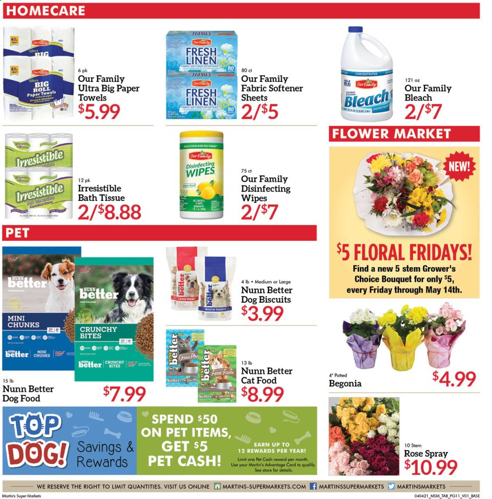 thumbnail - Martin’s Flyer - 04/04/2021 - 04/10/2021 - Sales products - bath tissue, kitchen towels, paper towels, wipes, fabric softener, bleach, animal food, cat food, dog food, dog biscuits, bouquet, begonia, rose. Page 11.