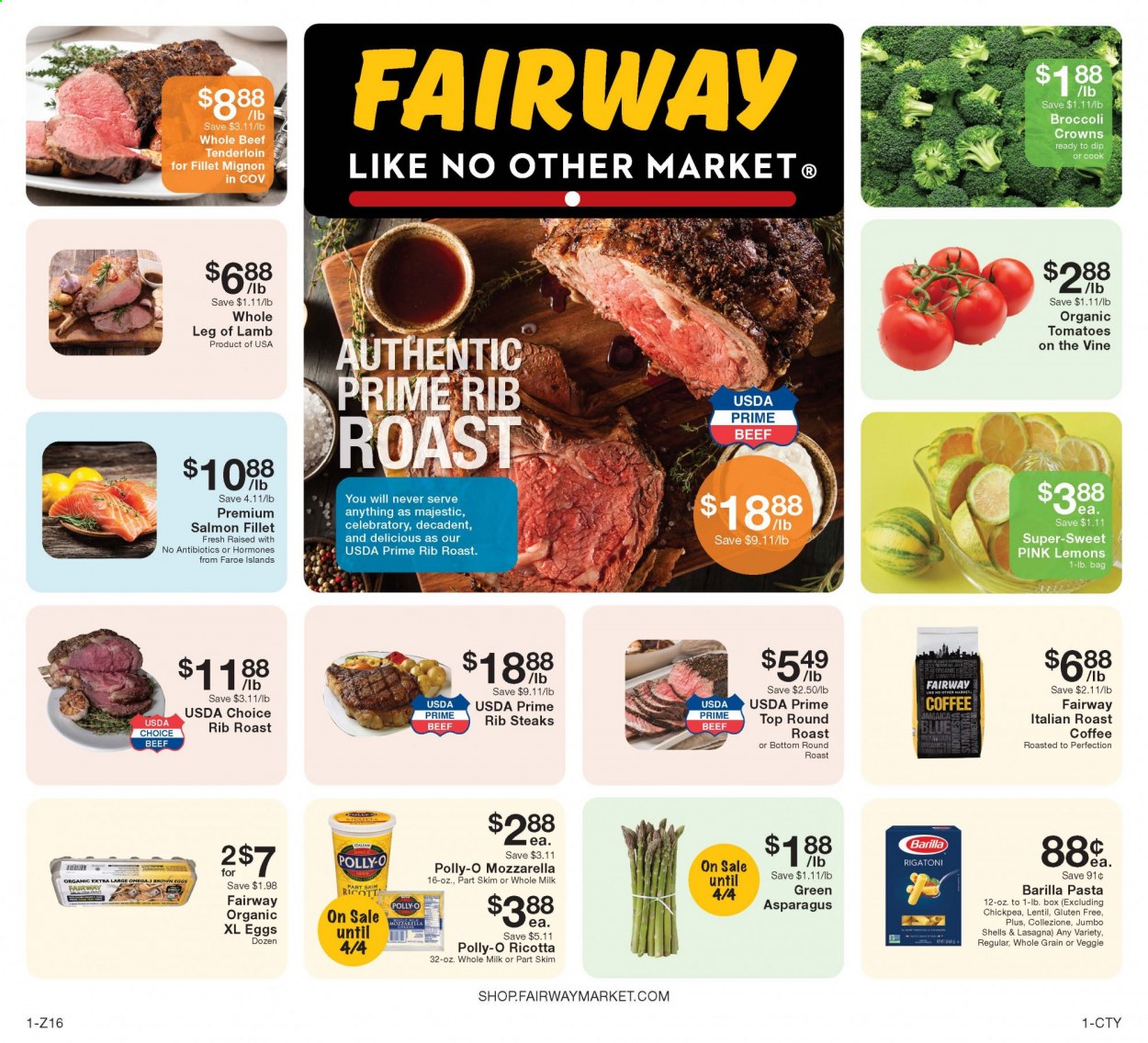 thumbnail - Fairway Market Flyer - 04/02/2021 - 04/08/2021 - Sales products - broccoli, tomatoes, salmon, salmon fillet, Barilla, lasagna meal, mozzarella, ricotta, milk, eggs, dip, pasta, coffee, beef meat, steak, round roast, lamb leg, asparagus, lemons. Page 1.