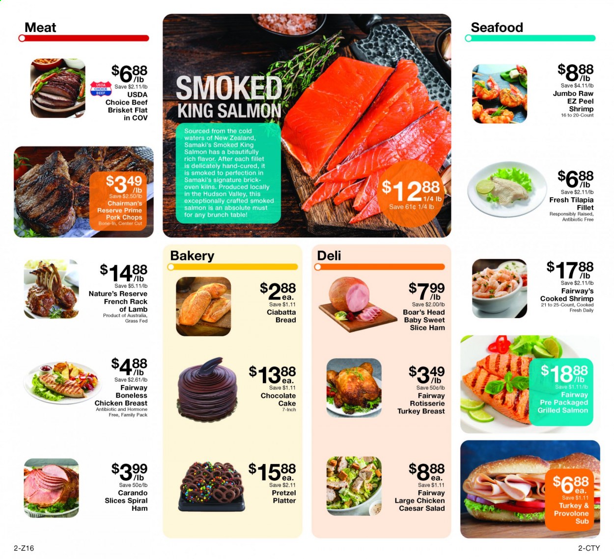 thumbnail - Fairway Market Flyer - 04/02/2021 - 04/08/2021 - Sales products - bread, ciabatta, pretzels, cake, salmon, smoked salmon, tilapia, seafood, shrimps, salad, ham, spiral ham, chocolate, turkey breast, chicken breasts, beef meat, beef brisket, pork chops, pork meat, lamb meat, rack of lamb. Page 2.