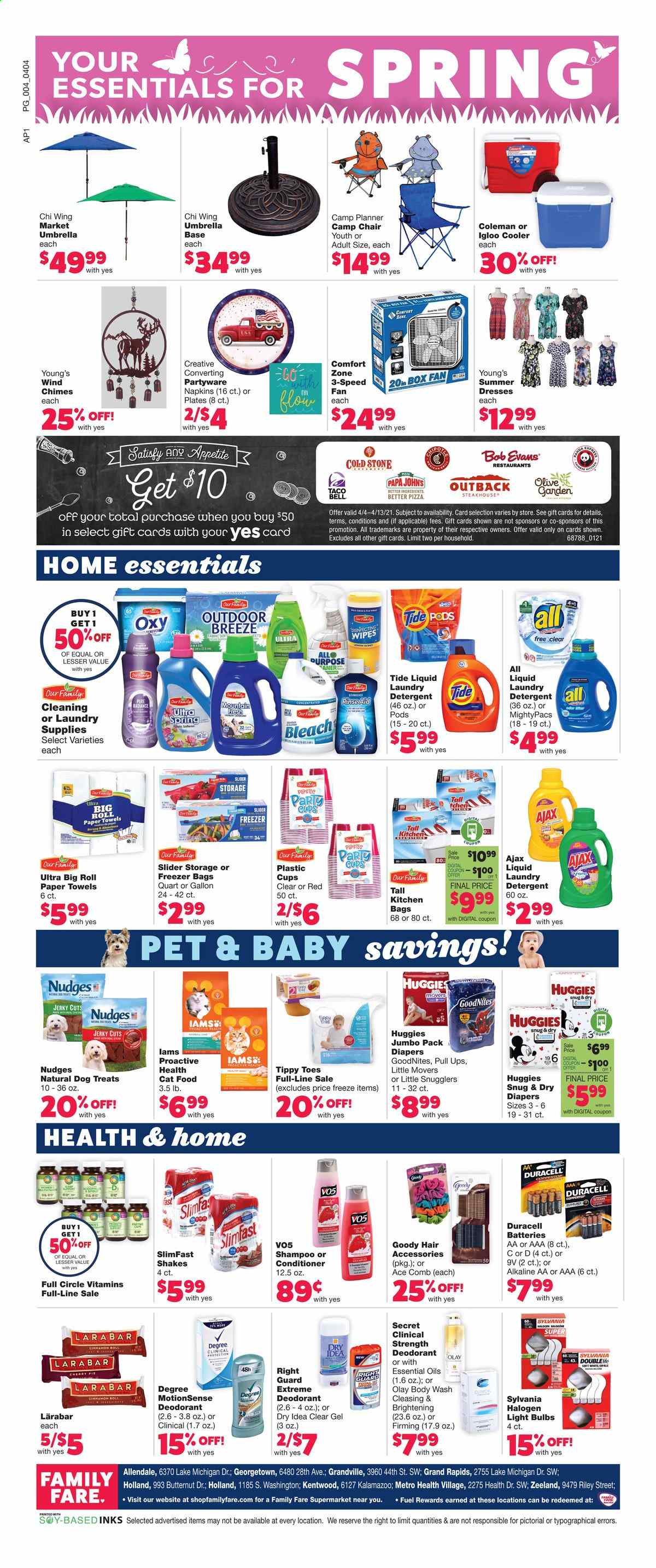 thumbnail - Family Fare Flyer - 04/04/2021 - 04/10/2021 - Sales products - pizza, Slimfast, Bob Evans, jerky, shake, Huggies, napkins, kitchen towels, paper towels, detergent, wipes, Ajax, Ace, Tide, fabric softener, bleach, laundry detergent, body wash, shampoo, Olay, conditioner, comb, VO5, anti-perspirant, deodorant, plate, cup, freezer bag, essential oils, battery, bulb, Duracell, light bulb, Sylvania, chimes, butternut squash. Page 4.