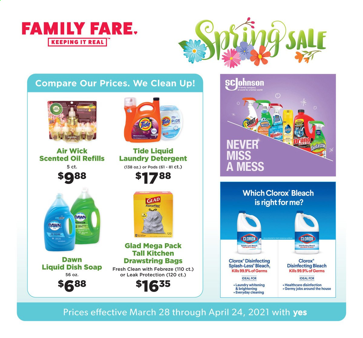 thumbnail - Family Fare Flyer - 03/28/2021 - 04/24/2021 - Sales products - oil, detergent, Febreze, Windex, Clorox, Tide, bleach, laundry detergent, soap, Air Wick, scented oil. Page 1.