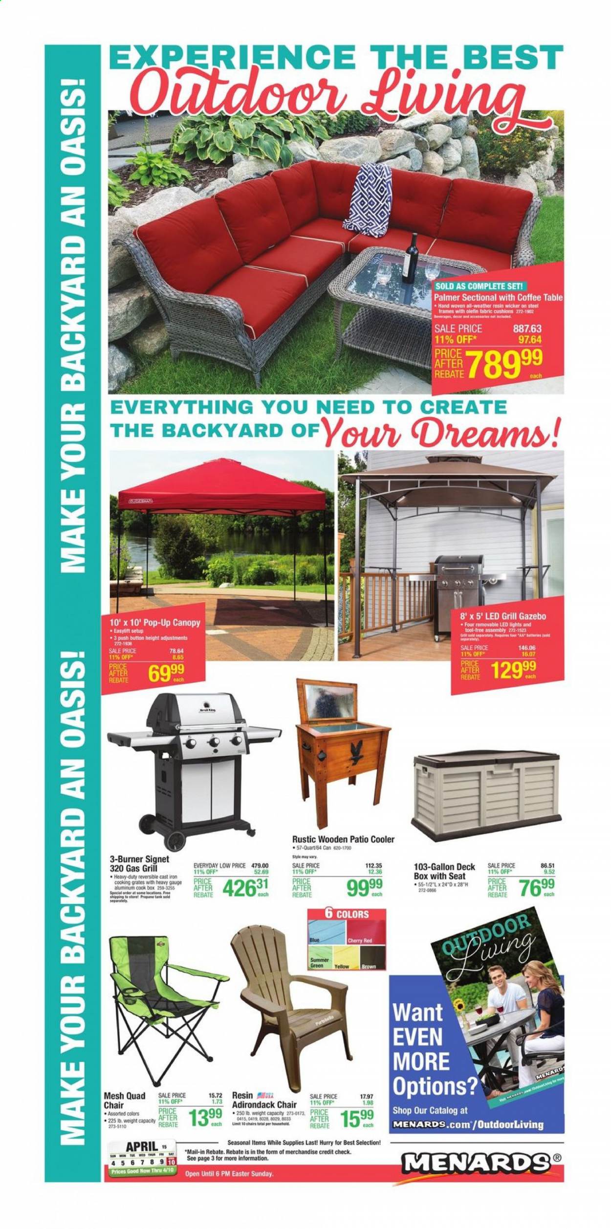 thumbnail - Menards Flyer - 04/01/2021 - 04/10/2021 - Sales products - tank, table, chair, gallon, LED light, gazebo, gas grill, grill. Page 1.