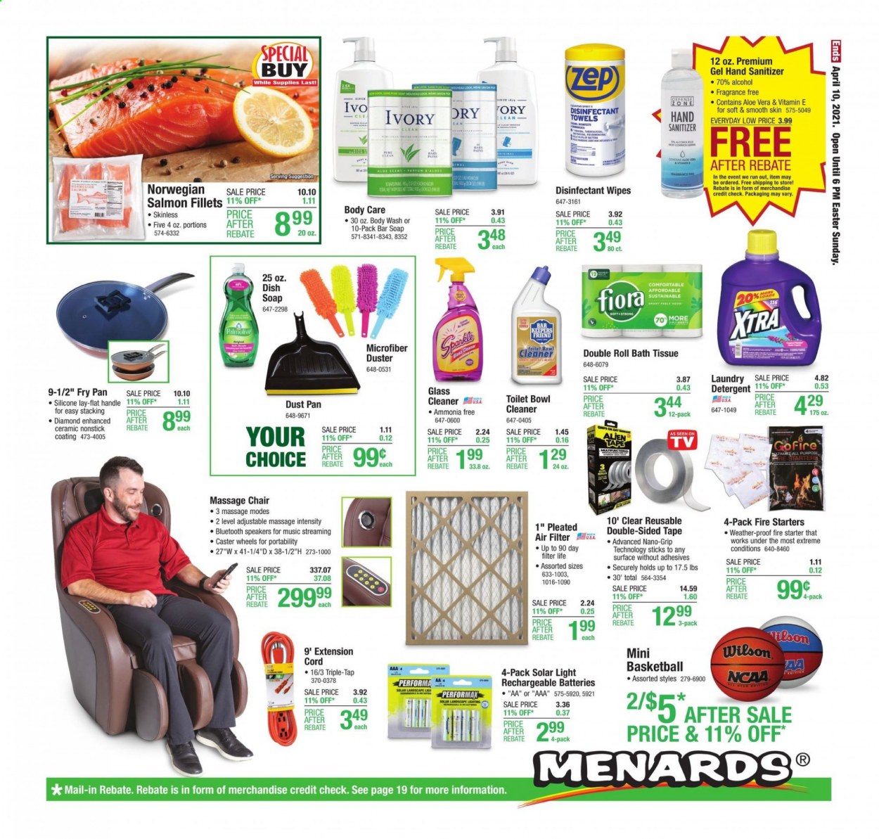 thumbnail - Menards Flyer - 04/01/2021 - 04/10/2021 - Sales products - toilet, detergent, wipes, cleaner, desinfection, glass cleaner, toilet bowl, XTRA, hand sanitizer, duster, towel, chair, solar light, extension cord, air filter, starter. Page 28.