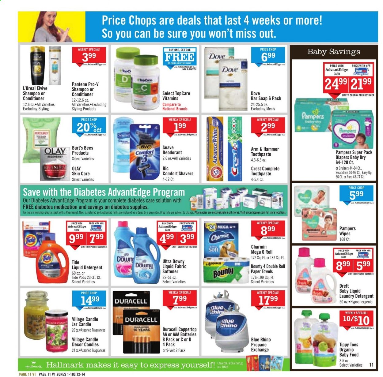 thumbnail - Price Chopper Flyer - 04/04/2021 - 04/10/2021 - Sales products - Bounty, ARM & HAMMER, Pampers, kitchen towels, paper towels, Charmin, detergent, wipes, Tide, fabric softener, laundry detergent, liquid detergent, Dove, shampoo, Suave, soap bar, soap, toothpaste, Crest, L’Oréal, Olay, conditioner, Pantene, candle, Duracell, AAA batteries. Page 11.