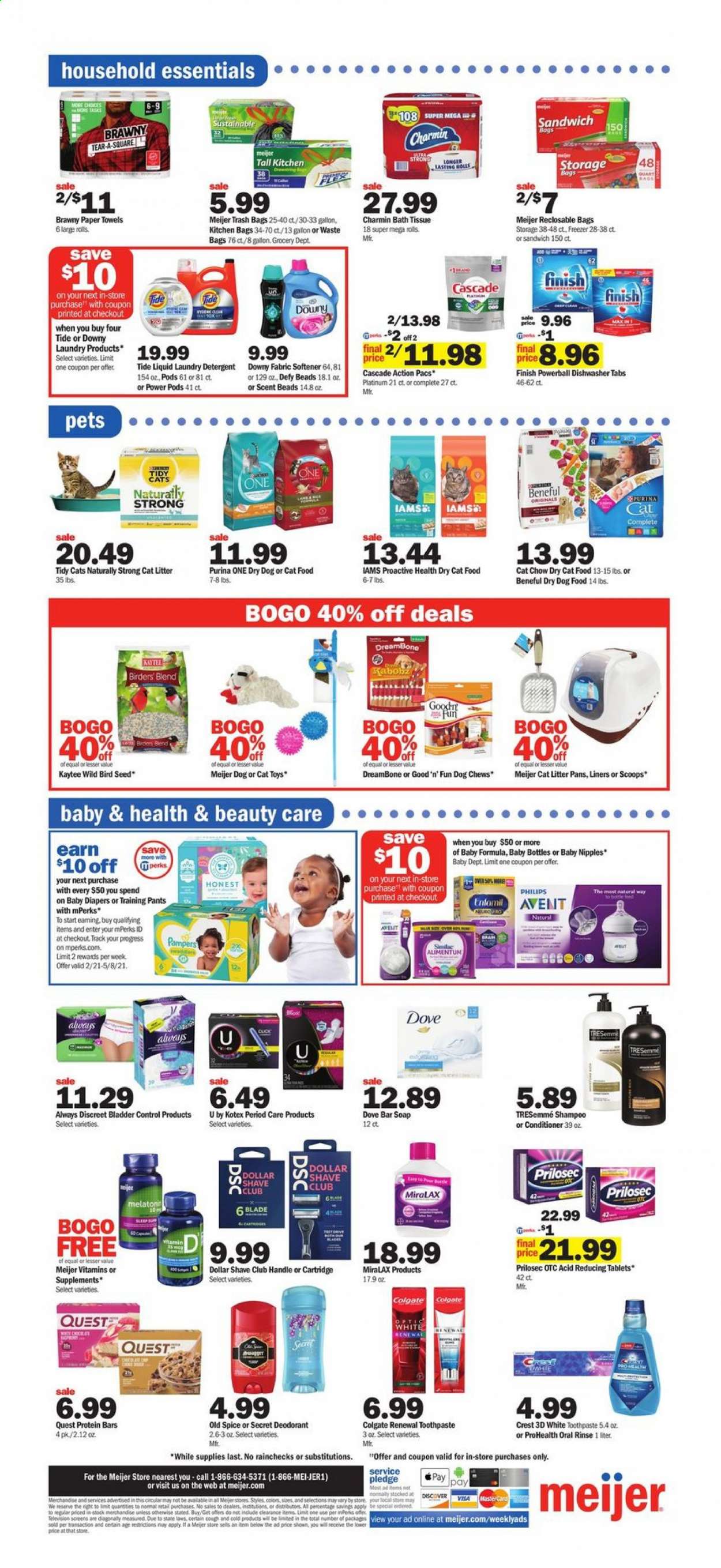 thumbnail - Meijer Flyer - 04/04/2021 - 04/10/2021 - Sales products - sandwich, protein bar, rice, Pampers, baby pants, bath tissue, kitchen towels, paper towels, Charmin, detergent, Pledge, Cascade, Tide, fabric softener, laundry detergent, Finish Powerball, Dove, Old Spice, soap bar, soap, Colgate, toothpaste, Crest, Always Discreet, Kotex, Dollar Shave Club, conditioner, TRESemmé, anti-perspirant, deodorant, trash bags, cat litter, cat toy, Kaytee, animal food, bird food, cat food, dog food, Purina, Good 'n' Fun, dry dog food, dog chews, dry cat food, Iams, Philips, cartridge, pants, bag, Melatonin, MiraLAX. Page 10.