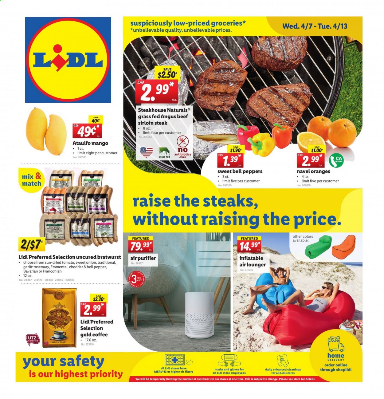 thumbnail - Lidl Flyer - 04/07/2021 - 04/13/2021 - Sales products - oranges, bratwurst, cheddar, mango, garlic, rosemary, coffee, beef meat, beef sirloin, steak, sirloin steak, air purifier, gloves, onion, peppers, navel oranges. Page 1.
