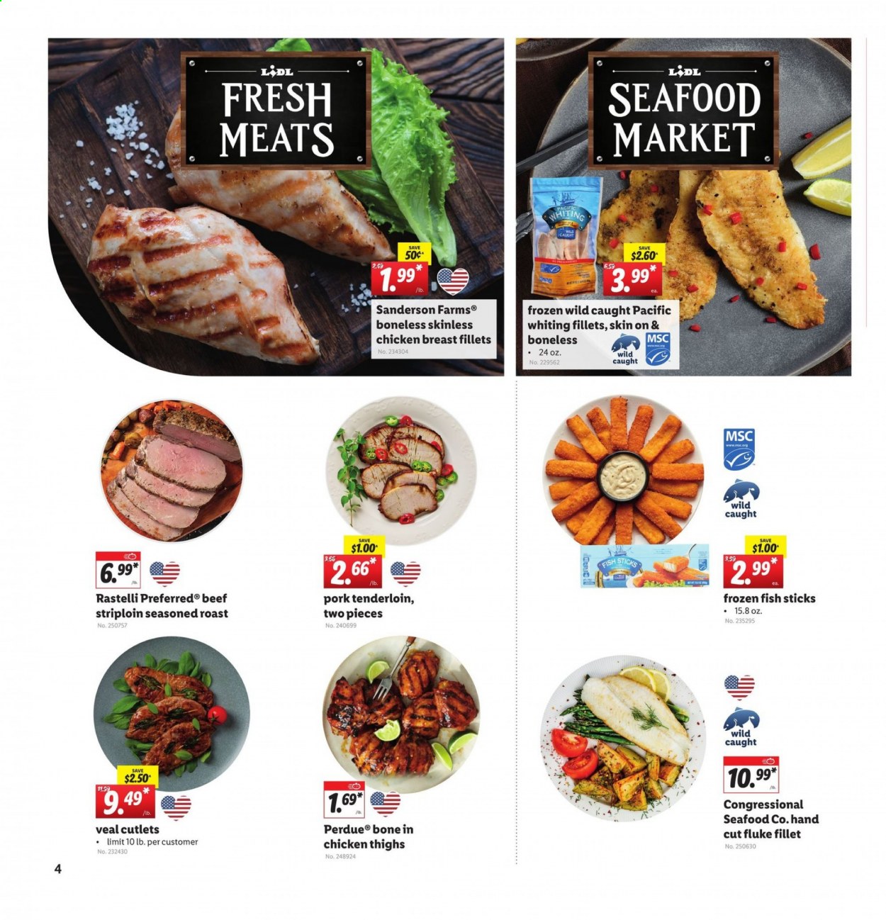 thumbnail - Lidl Flyer - 04/07/2021 - 04/13/2021 - Sales products - seafood, fish, whiting, Perdue®, fish sticks, chicken breasts, chicken thighs, veal cutlet, veal meat, pork meat, pork tenderloin. Page 4.