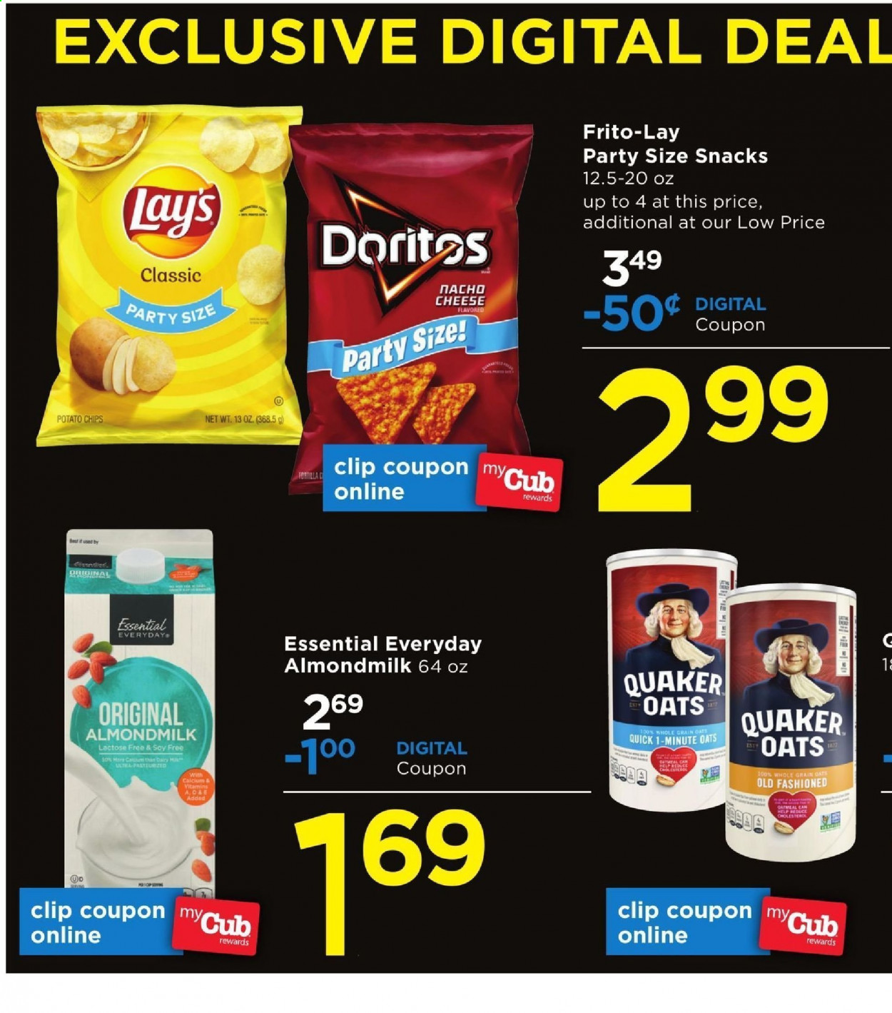thumbnail - Cub Foods Flyer - 04/05/2021 - 04/10/2021 - Sales products - Quaker, cheese, almond milk, Doritos, potato chips, chips, snack, Lay’s, Frito-Lay, oatmeal, oats, calcium. Page 14.