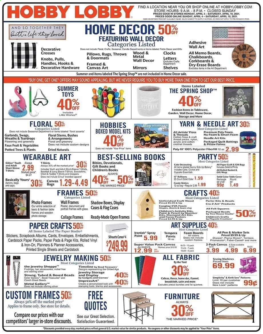 thumbnail - Hobby Lobby Flyer - 04/04/2021 - 04/10/2021 - Sales products - sticker, gift wrap, pen, envelope, marker, paper, pencil, scrapbook, sketch pad, canvas, balloons, Sharpie, pillow, quilt, satin sheets, mirror, wall decor. Page 1.