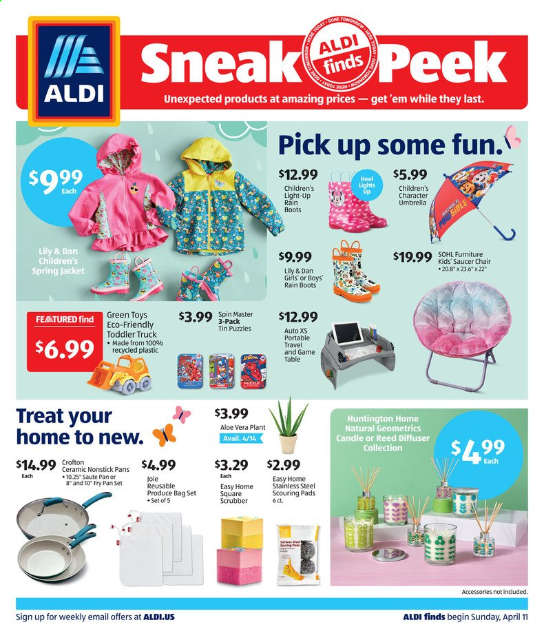 thumbnail - ALDI Flyer - 04/11/2021 - 04/17/2021 - Sales products - boots, rain boots, pan, saucer, candle, diffuser, jacket, bag, umbrella, toys, puzzle, Joie. Page 1.