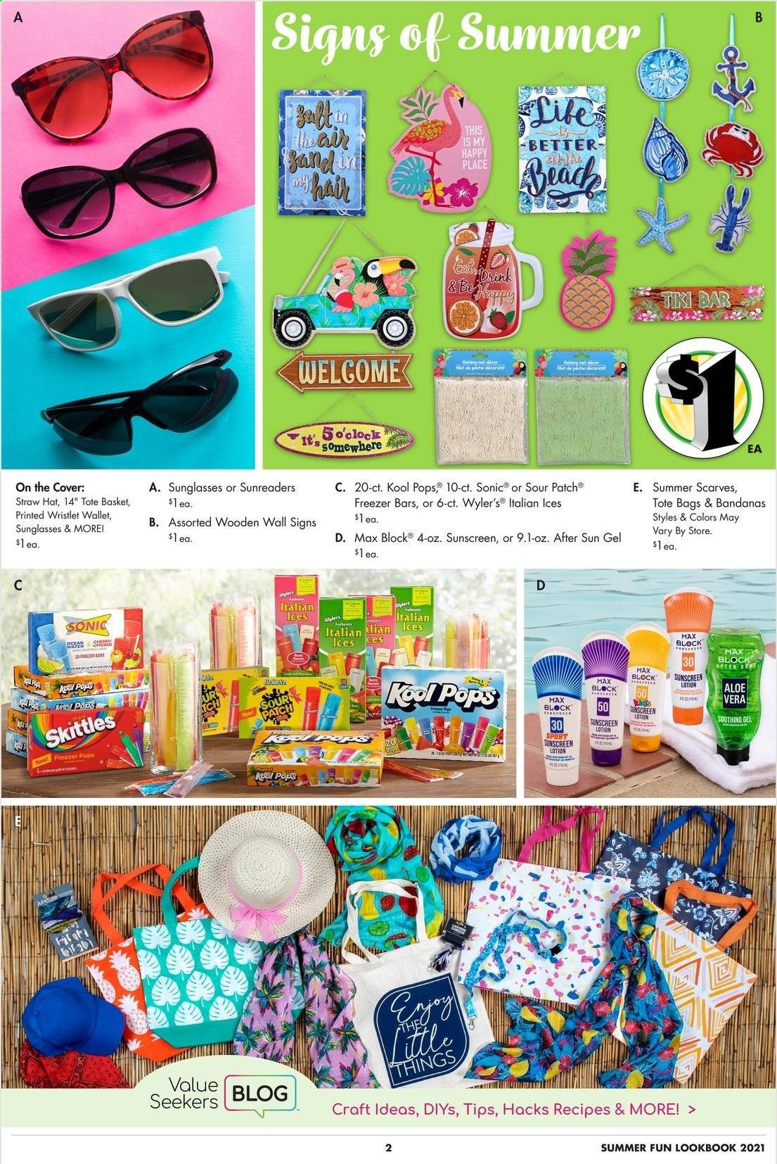 thumbnail - Dollar Tree Flyer - 04/05/2021 - 07/04/2021 - Sales products - Skittles, sour patch, body lotion, sunscreen lotion, basket, clock, straw, tote, scarf, hat, straw hat, bag. Page 2.
