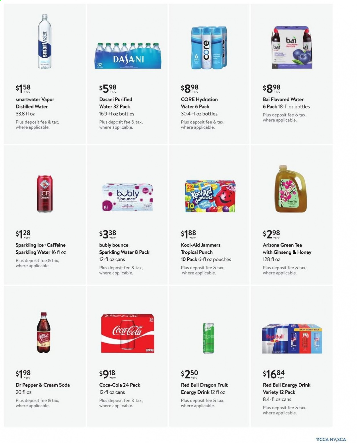thumbnail - Walmart Flyer - 04/05/2021 - 04/27/2021 - Sales products - honey, Coca-Cola, soda, energy drink, Dr. Pepper, Red Bull, AriZona, Bai, flavored water, sparkling water, green tea, tea, punch, Bounce, distilled water, ginseng. Page 11.