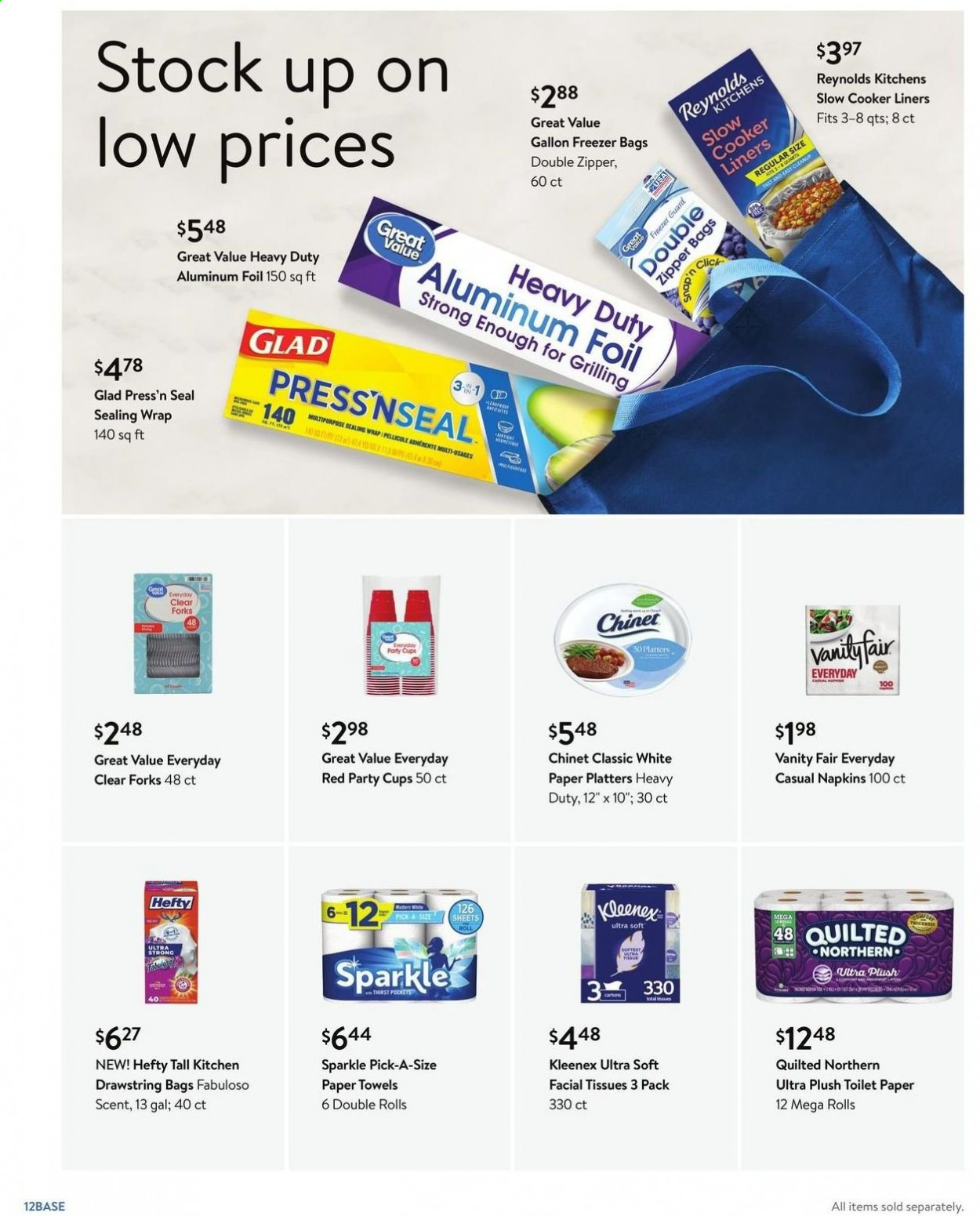 thumbnail - Walmart Flyer - 04/05/2021 - 04/27/2021 - Sales products - napkins, Kleenex, toilet paper, Quilted Northern, tissues, kitchen towels, paper towels, Fabuloso, facial tissues, Hefty, party cups, cup, aluminium foil, freezer bag, slow cooker, vanity, gallon, drawstring bag, car battery. Page 12.