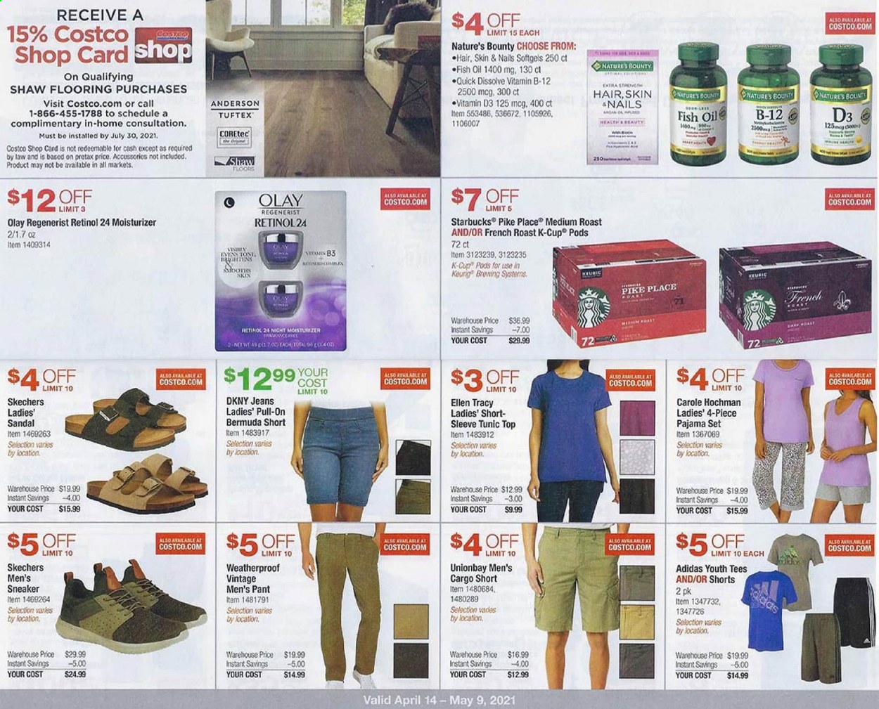 thumbnail - Costco Flyer - 04/14/2021 - 05/09/2021 - Sales products - Adidas, DKNY, sandals, sneakers, Skechers, oil, Starbucks, coffee capsules, K-Cups, moisturizer, Olay, shorts, jeans, flooring, fish oil, Nature's Bounty, vitamin D3, pajamas. Page 5.