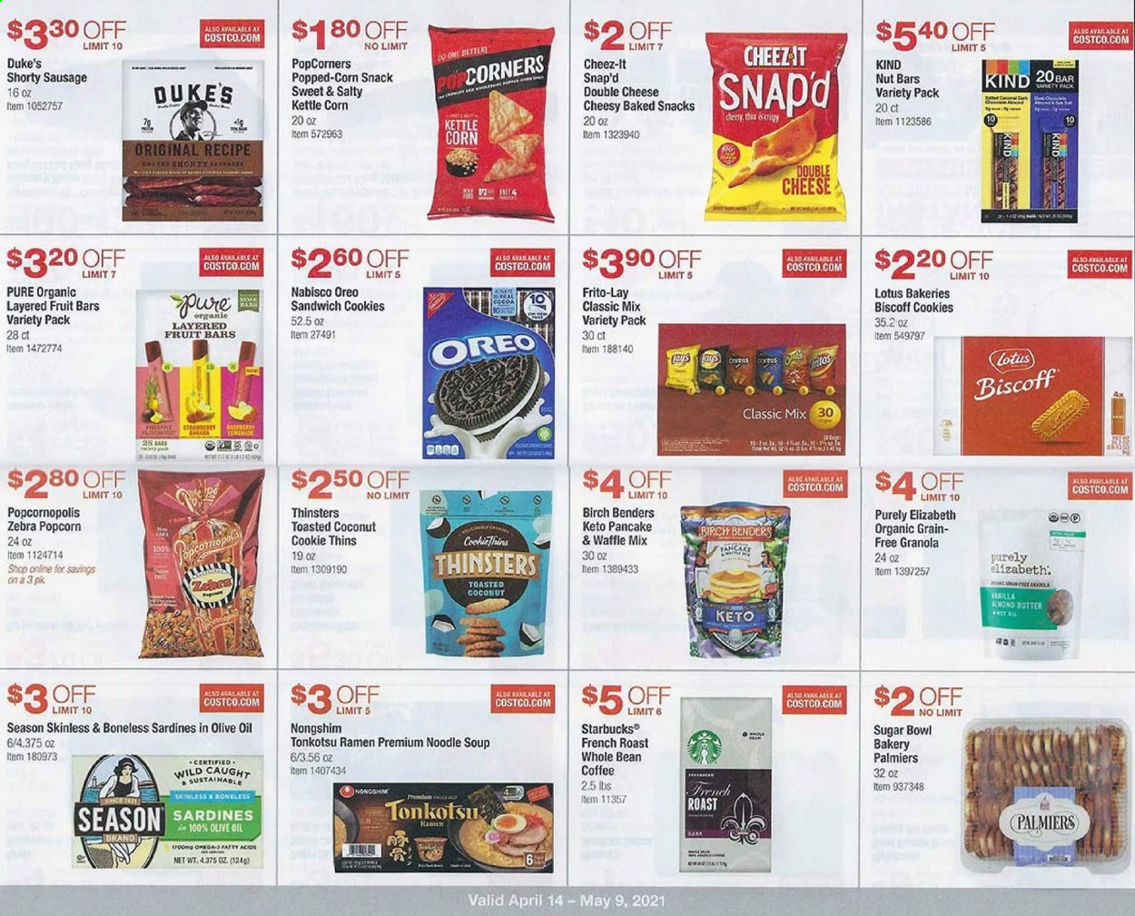 thumbnail - Costco Flyer - 04/14/2021 - 05/09/2021 - Sales products - Lotus, sardines, ramen, sandwich, soup, pancakes, noodles cup, noodles, sausage, cheese, Oreo, butter, cookies, sandwich cookies, snack, kettle corn, Thins, popcorn, Frito-Lay, Cheez-It, granola, nut bar, oil, coffee, Starbucks, bowl. Page 9.