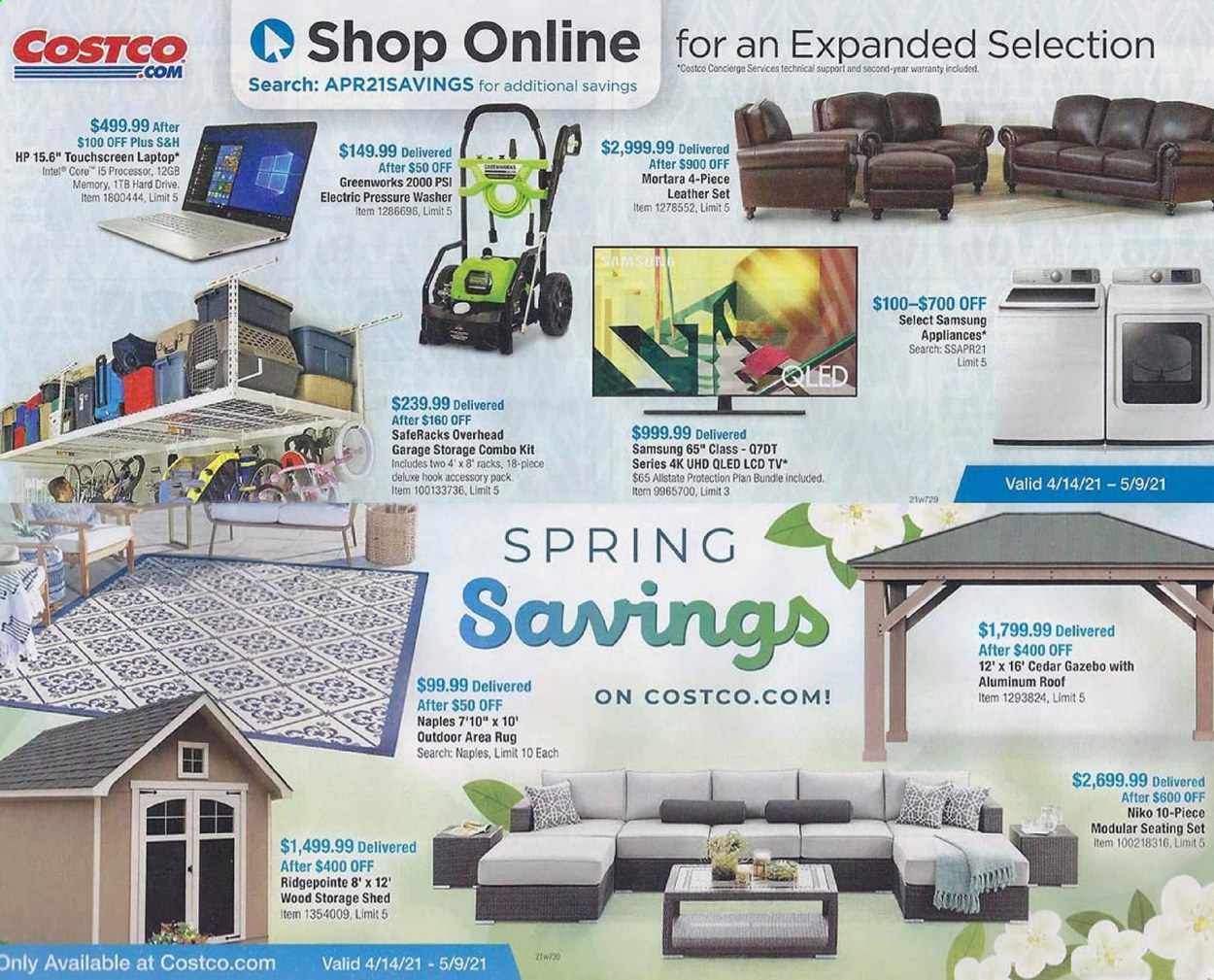 thumbnail - Costco Flyer - 04/14/2021 - 05/09/2021 - Sales products - seating set, Hewlett Packard, hook, Samsung, laptop, touchscreen laptop, Intel, hard disk, TV, washing machine, rug, area rug, combo kit, electric pressure washer, pressure washer, storage shed, gazebo, shed. Page 13.