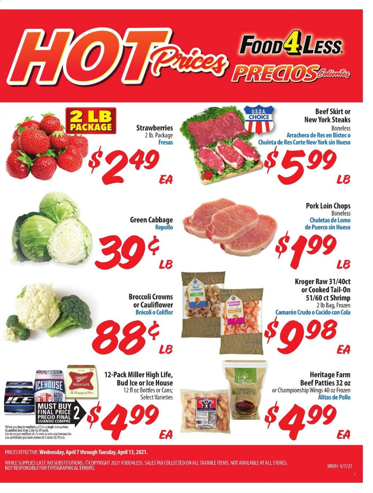thumbnail - Food 4 Less Flyer - 04/07/2021 - 04/13/2021 - Sales products - broccoli, cabbage, shrimps, cauliflower, strawberries, Miller, steak, pork loin, pork meat. Page 2.