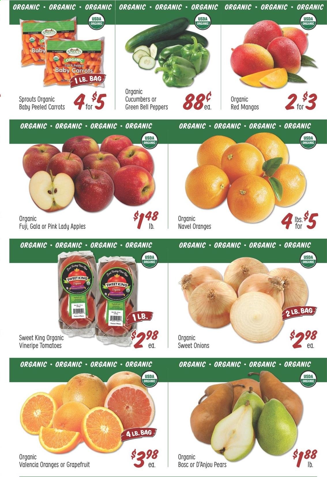 thumbnail - Sprouts Flyer - 04/07/2021 - 04/13/2021 - Sales products - bell peppers, carrots, cucumber, tomatoes, apples, pears, oranges, mango, Gala, peppers, Pink Lady, navel oranges. Page 5.