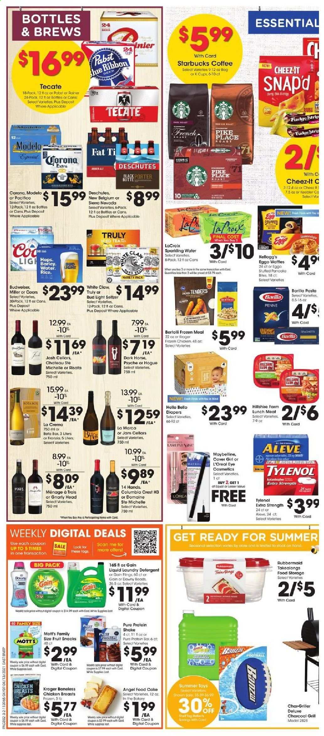 thumbnail - Fred Meyer Flyer - 04/07/2021 - 04/13/2021 - Sales products - Budweiser, Coors, cake, Angel Food, waffles, Barilla, Giovanni Rana, Hillshire Farm, lunch meat, protein drink, shake, eggs, fudge, Kellogg's, Keebler, Cheez-It, spaghetti, pasta, penne, Rana, fruit jam, Mott's, seltzer water, sparkling water, coffee, Starbucks, L'Or, White Claw, TRULY, beer, Bud Light, Corona Extra, Miller, Modelo, chicken breasts, detergent, Gain, laundry detergent, Crest, L’Oréal, Maybelline, ribbon, toys, Shell, Aleve, Tylenol. Page 2.