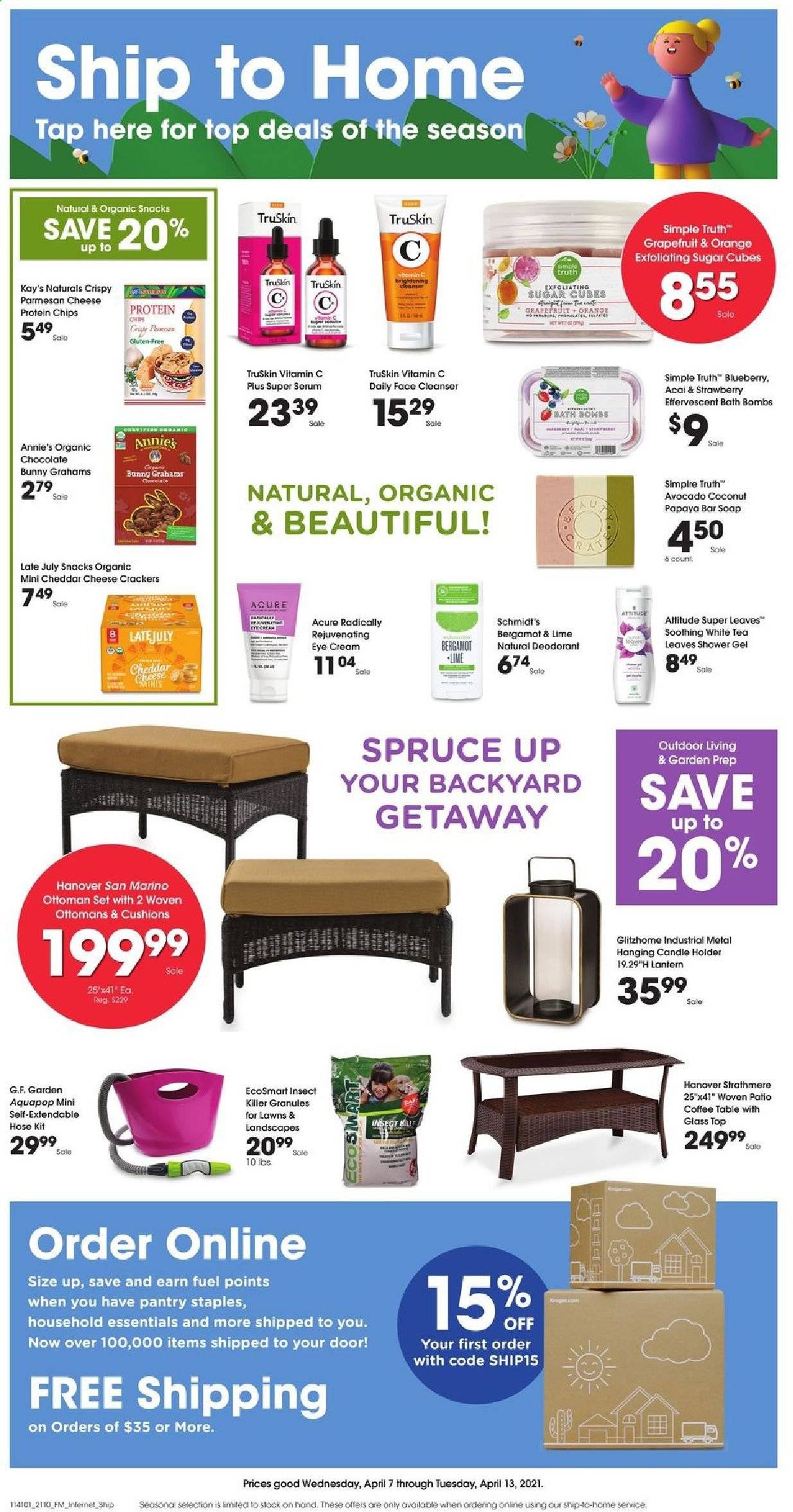 thumbnail - Fry’s Flyer - 04/07/2021 - 04/13/2021 - Sales products - papaya, coconut, Annie's, parmesan, graham crackers, chocolate, crackers, chocolate bunny, chips, snack, sugar, tea, shower gel, bath bomb, soap bar, soap, cleanser, serum, eye cream, anti-perspirant, deodorant, insect killer, candle, cushion, lantern, vitamin c. Page 1.
