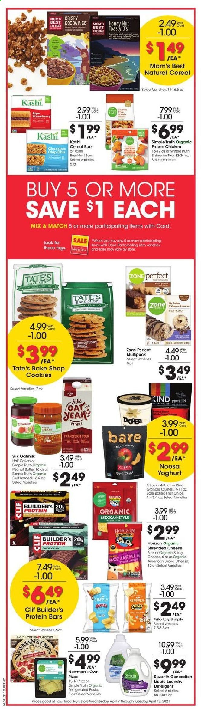 thumbnail - Fry’s Flyer - 04/07/2021 - 04/13/2021 - Sales products - pizza, shredded cheese, sliced cheese, string cheese, yoghurt, Silk, oat milk, cookies, cereal bar, Ruffles, cereals, granola, protein bar, Mom's Best, cocoa rice, Zone Perfect, pasta, peanut butter, baked fruit, detergent, laundry detergent. Page 3.