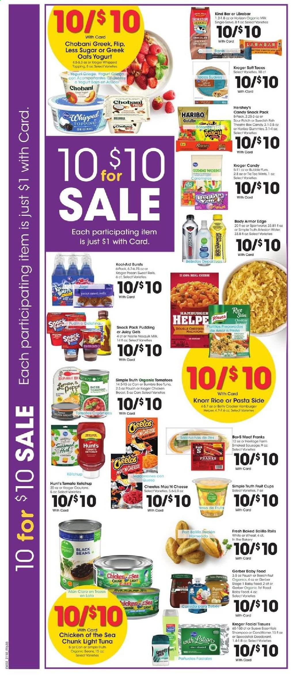 thumbnail - Fry’s Flyer - 04/07/2021 - 04/13/2021 - Sales products - fruit cup, tacos, beans, tomatoes, tuna, Bumble Bee, Knorr, sausage, smoked sausage, cheddar, cheese, pudding, yoghurt, Chobani, organic milk, Reese's, Hershey's, Haribo, Nesquik, Tic Tac, Gerber, Cheetos, croutons, topping, light tuna, Chicken of the Sea, black beans, macaroni, pasta, herbs, ketchup, tissues, shampoo, Suave, facial tissues, conditioner, anti-perspirant, deodorant, pan. Page 4.