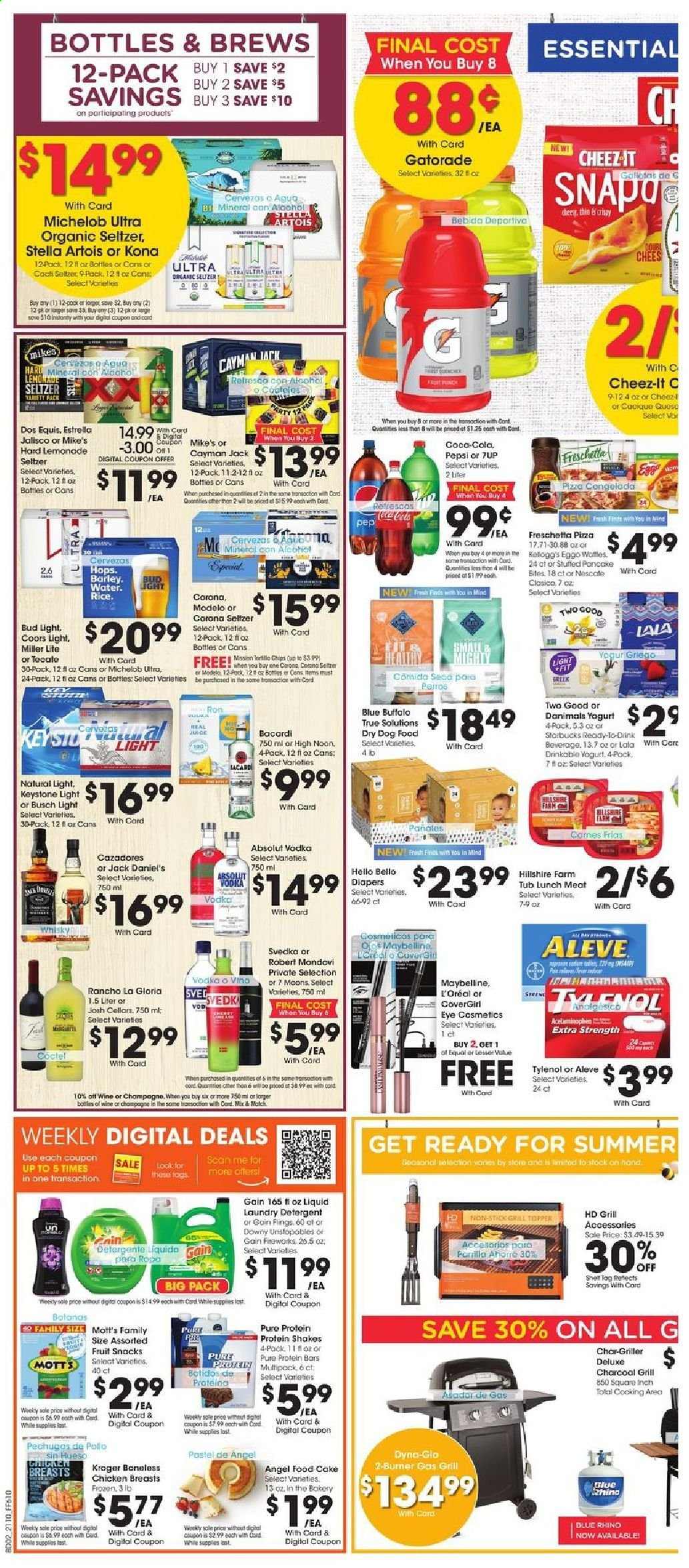 thumbnail - Fry’s Flyer - 04/07/2021 - 04/13/2021 - Sales products - cake, Angel Food, Jack Daniel's, pizza, Hillshire Farm, lunch meat, yoghurt, Danimals, protein drink, shake, fruit snack, Cheez-It, protein bar, Coca-Cola, lemonade, Pepsi, 7UP, Mott's, Gatorade, seltzer water, champagne, wine, Bacardi, gin, vodka, Absolut, Ron Pelicano, whisky, beer, Miller Lite, Stella Artois, Coors, Dos Equis, Michelob, Busch, Bud Light, Corona Extra, Keystone, Modelo, chicken breasts, nappies, detergent, Gain, Unstopables, laundry detergent, L’Oréal, Maybelline, topper, animal food, Blue Buffalo, dog food, dry dog food, lens, Aleve, Tylenol. Page 5.