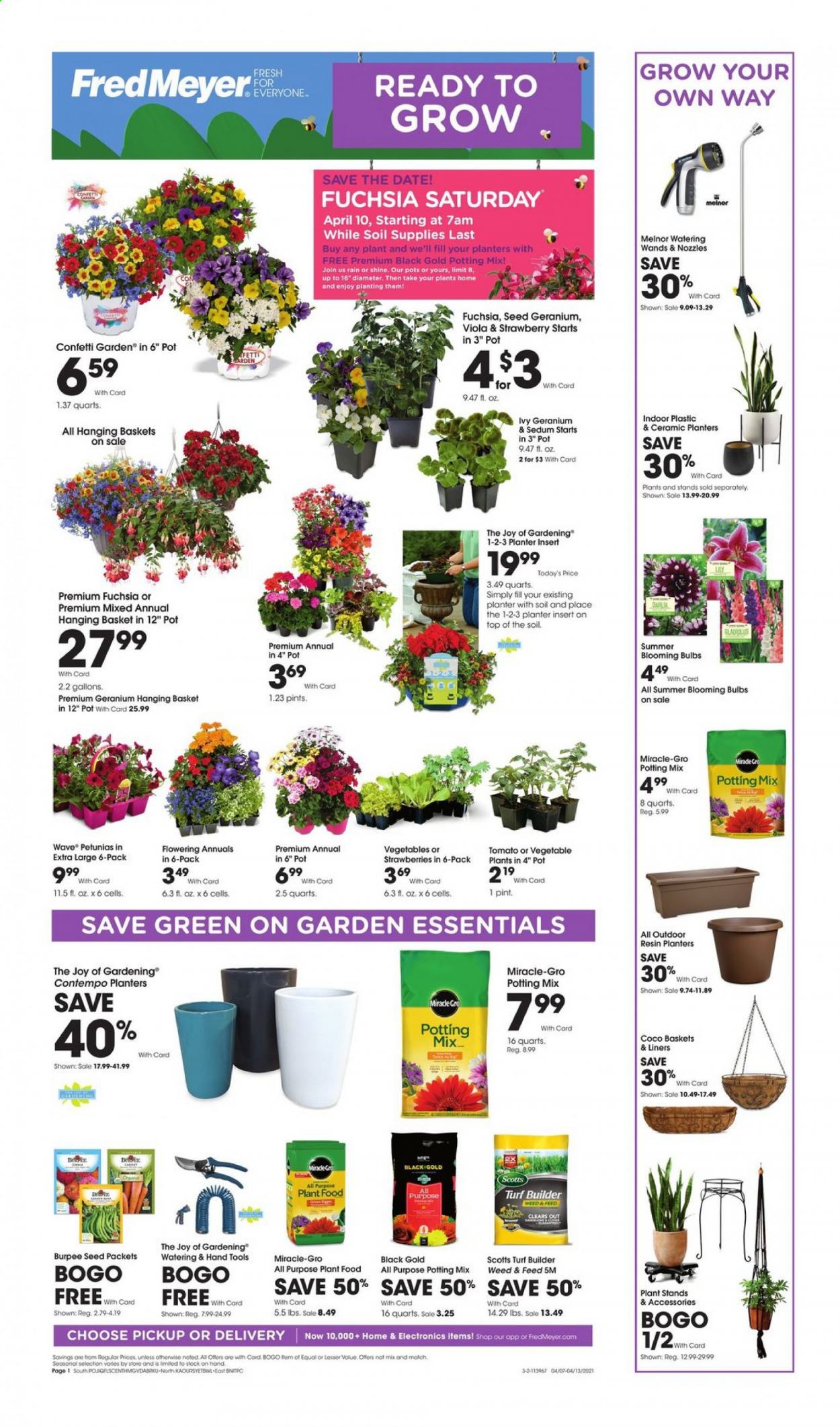 thumbnail - Fred Meyer Flyer - 04/07/2021 - 04/13/2021 - Sales products - strawberries, Planters, Joy, basket, pot, bulb, plant seeds, potting mix, turf builder. Page 1.