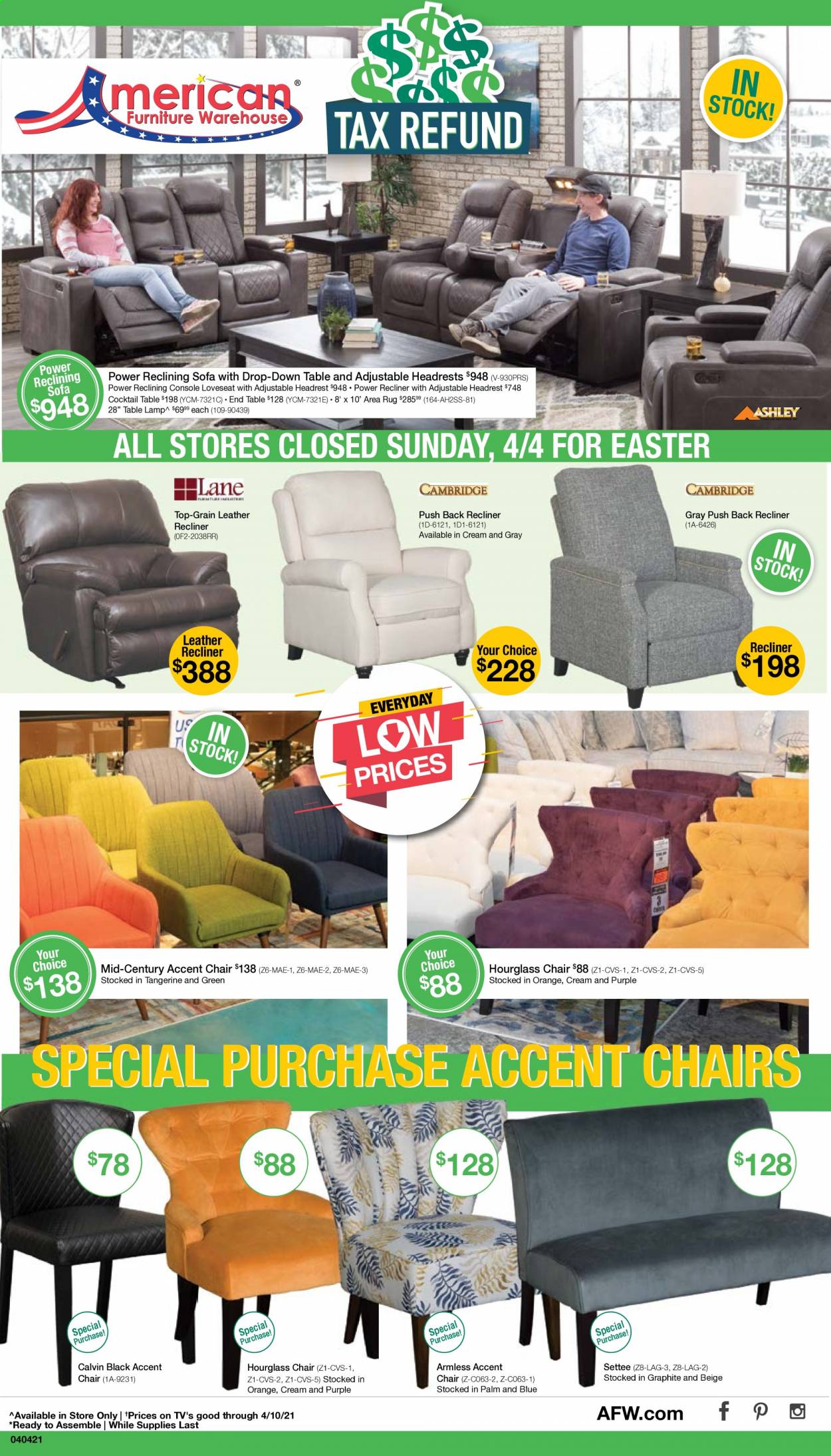 thumbnail - American Furniture Warehouse Flyer - 04/04/2021 - 04/10/2021 - Sales products - chair, accent chair, loveseat, sofa, recliner chair, end table, rug, area rug. Page 1.