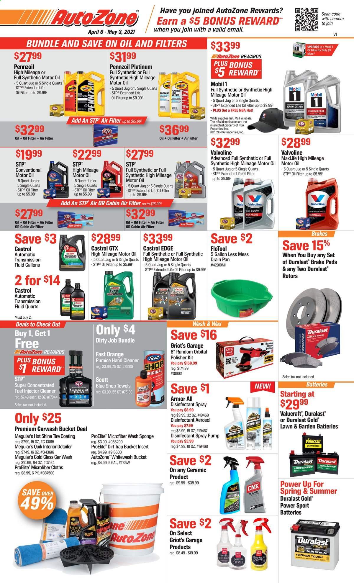 thumbnail - Autozone Flyer - 04/06/2021 - 05/03/2021 - Sales products - battery, air filter, Armor All, brake pad, oil filter, Duralast, microfiber towel, injector cleaner, cleaner, STP, Mobil, motor oil, transmission fluid, Valvoline, Castrol, Pennzoil. Page 1.