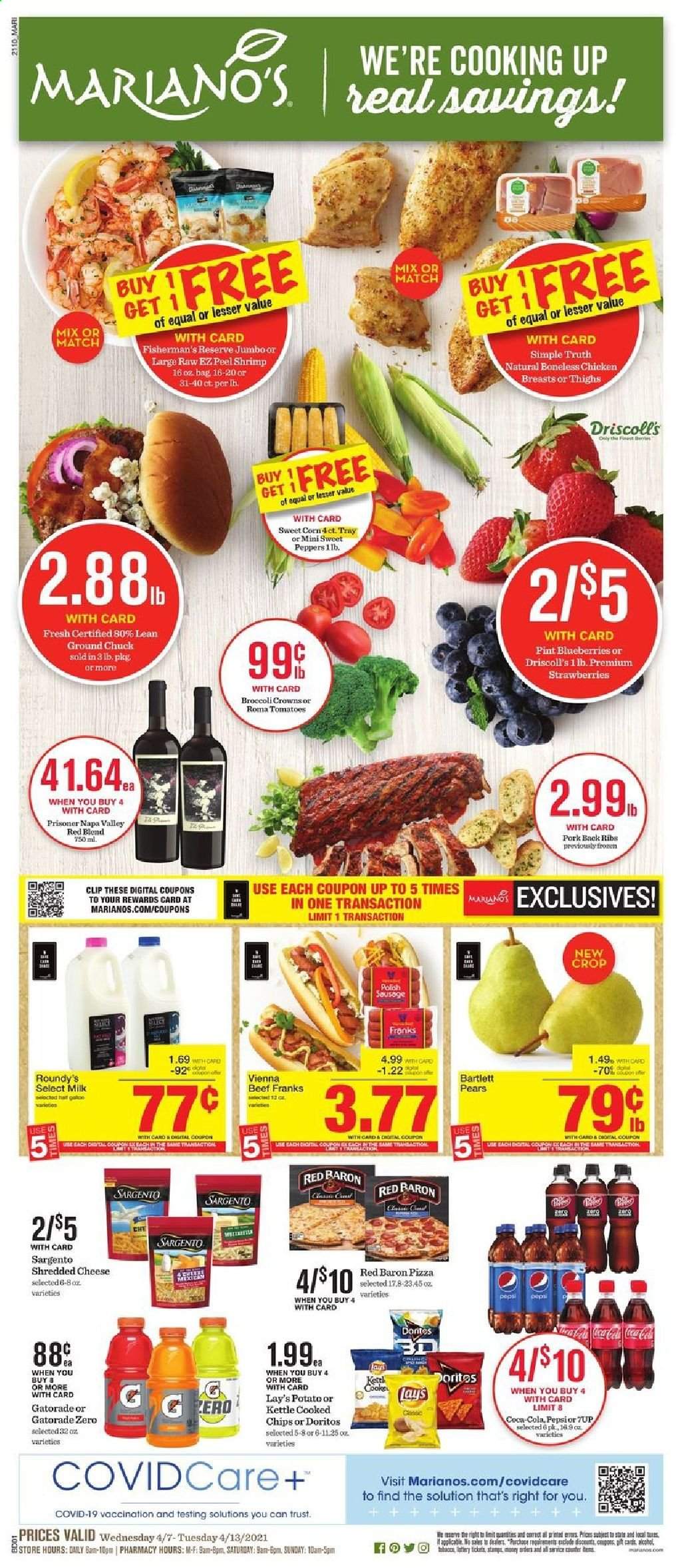 thumbnail - Mariano’s Flyer - 04/07/2021 - 04/13/2021 - Sales products - Bartlett pears, corn, tomatoes, sweet corn, blueberries, strawberries, pears, shrimps, pizza, sausage, polish sausage, shredded cheese, Sargento, milk, Red Baron, Doritos, chips, Lay’s, Coca-Cola, Pepsi, 7UP, Gatorade, alcohol, chicken breasts, ground chuck, pork meat, pork ribs, pork back ribs, tray, peppers. Page 1.