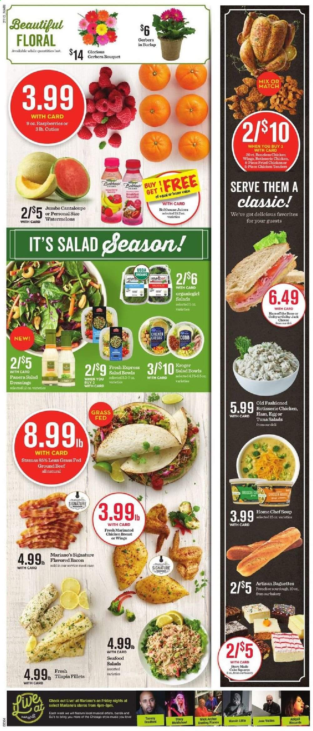 thumbnail - Mariano’s Flyer - 04/07/2021 - 04/13/2021 - Sales products - cantaloupe, raspberries, baguette, cake squares, cake, tilapia, tuna, seafood, soup, fried chicken, bacon, ham, Colby cheese, eggs, chicken wings, salad dressing, juice, chicken breasts, chicken tenders, beef meat, ground beef, salad bowl, bouquet, gerbera. Page 6.